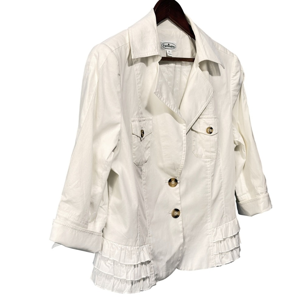 Patchington White Ruffle Hem Blazer Jacket 3/4 Sleeve Size 16 Coastal Grandma